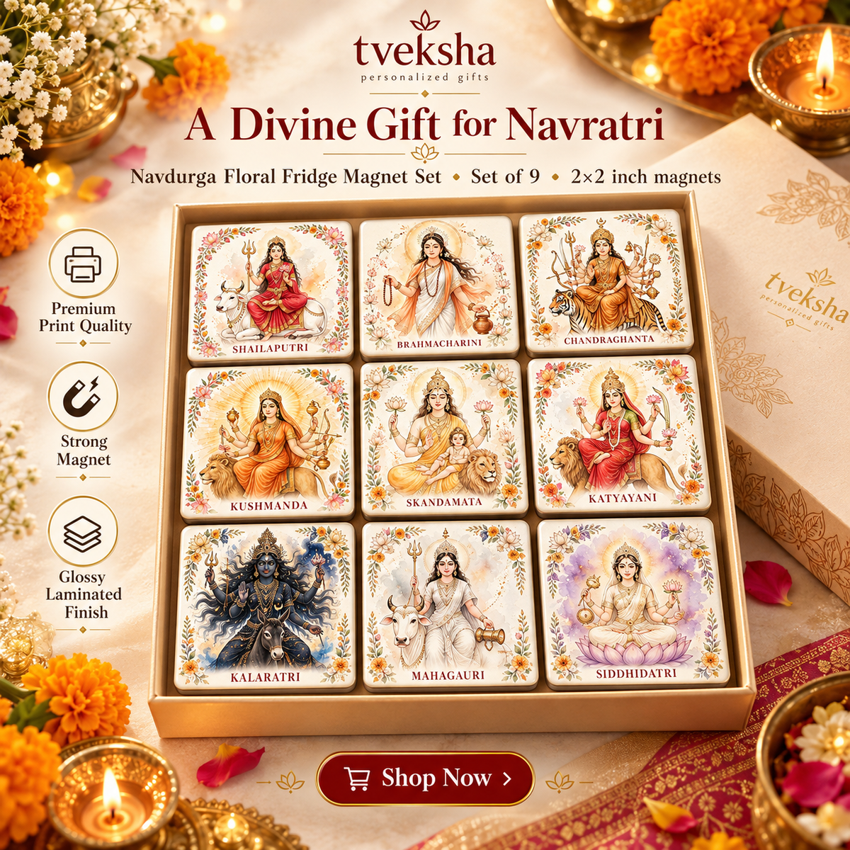 Navdurga Floral Flexible photo Fridge Magnets Set of 9 | Nine Forms of Maa Durga